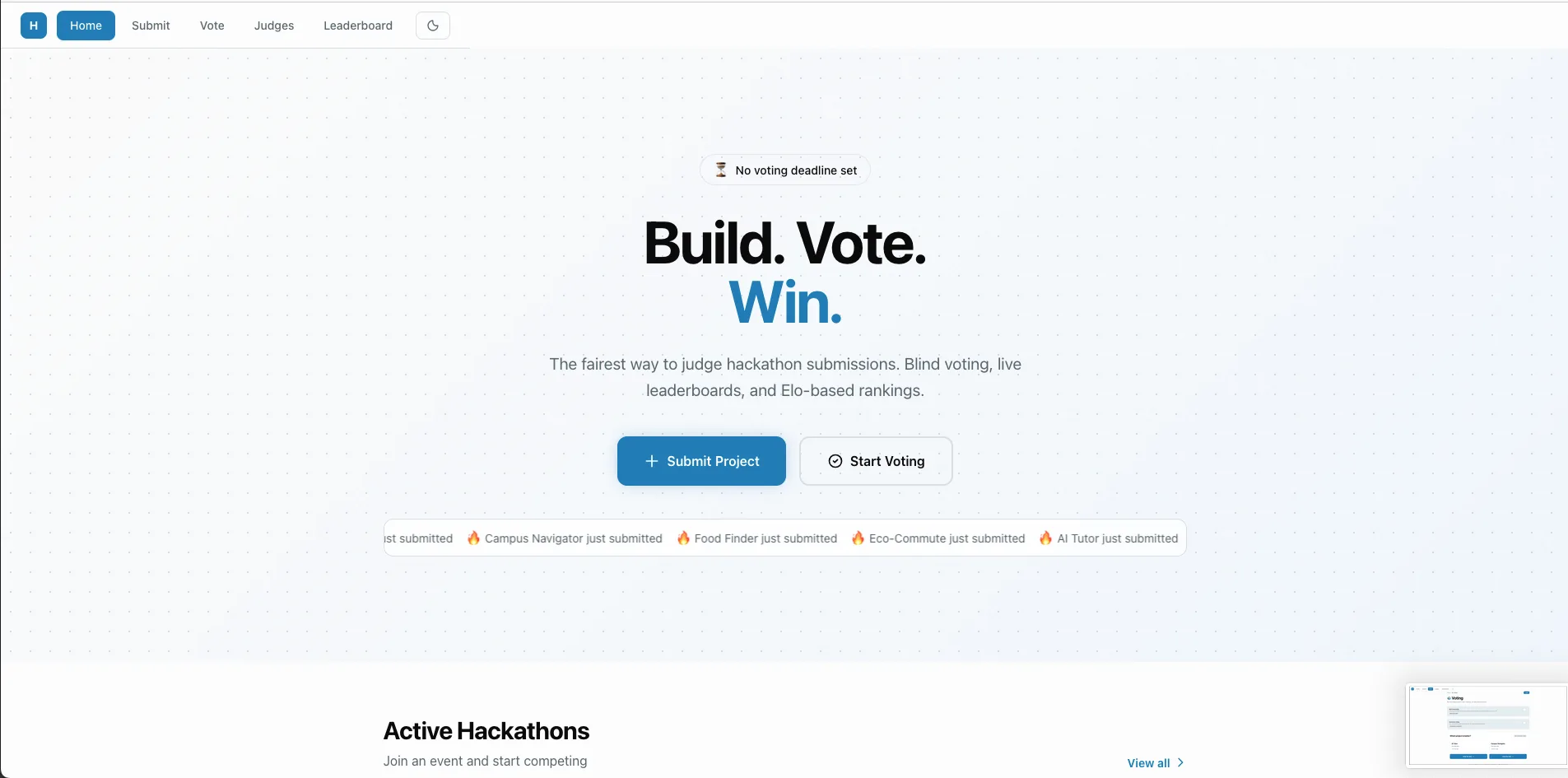 Hackathon Voting Platform preview screenshot showing the Hackathon Voting Platform interface