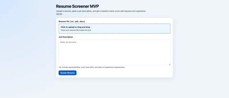 Resume Screener MVP (Testing) preview screenshot showing the Resume Screener MVP (Testing) interface